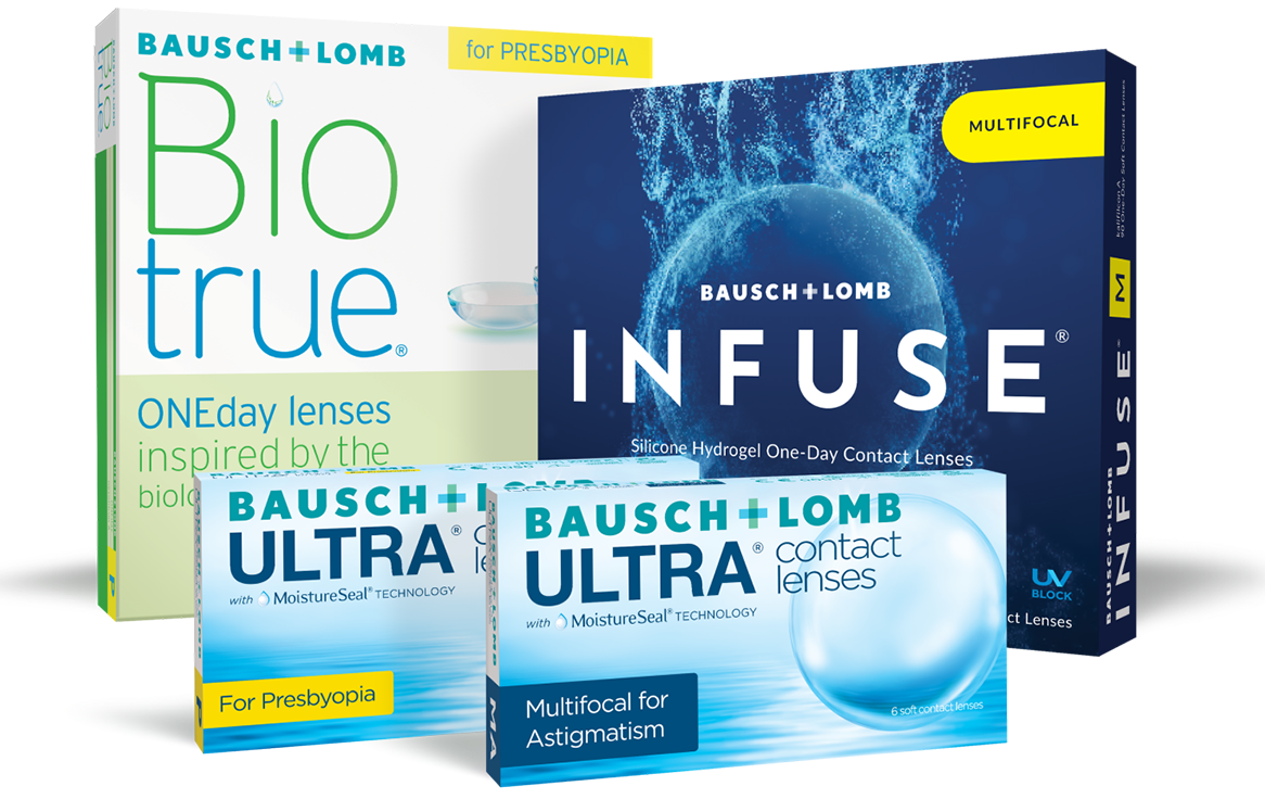 Bausch + Lomb Multifocal contact lenses boxes from Biotrue and ULTRA.