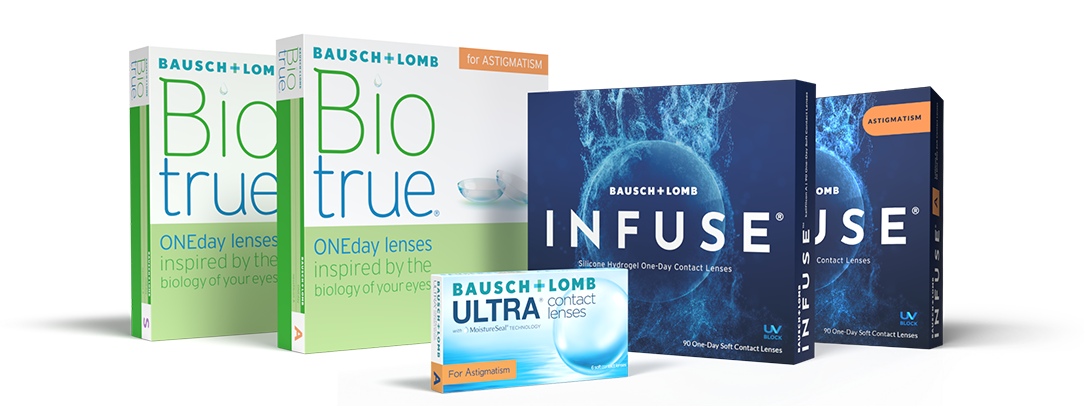 Boxes of Bausch + Lomb Aspheric Contact Lenses from Biotrue ONEday, INFUSE, and ULTRA.