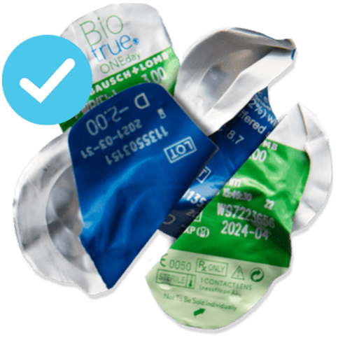 Separated foil tops from contact lens blister packs.