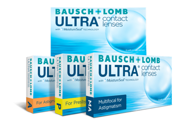 Line up of boxes of ULTRA Contact Lenses.