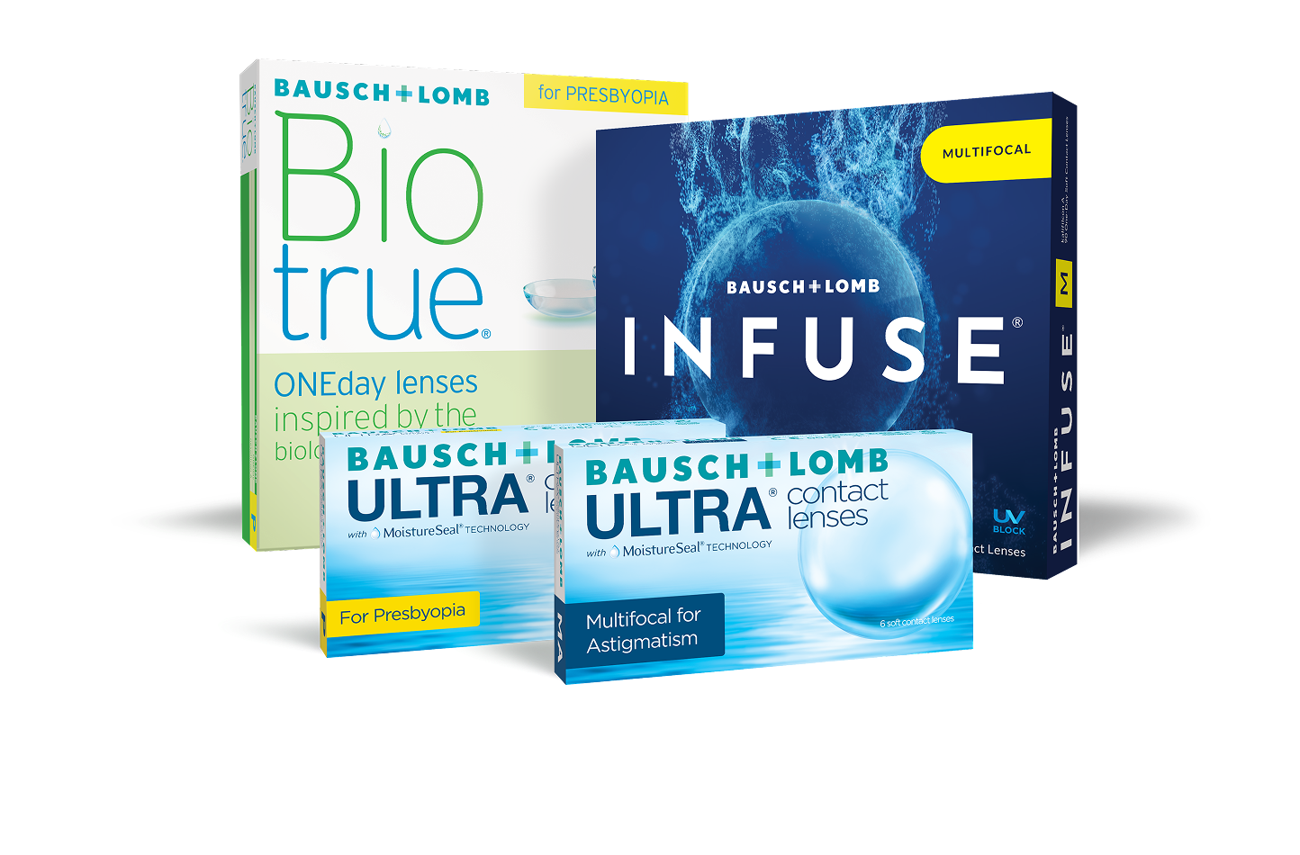 The Bausch + Lomb line of contact lenses, including Biotrue, INFUSE, and ULTRA.